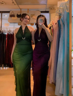 Ombre Green Chiffon Halter Long Prom Dress Glitter Evening Dress Y7481