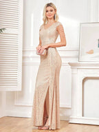 Women Elegant V-Neck Sequins Evening Dress Luxury Slit Beading Formal Maxi Long Prom Cocktail Wedding Party Dress Gowns
