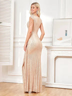 Women Elegant V-Neck Sequins Evening Dress Luxury Slit Beading Formal Maxi Long Prom Cocktail Wedding Party Dress Gowns
