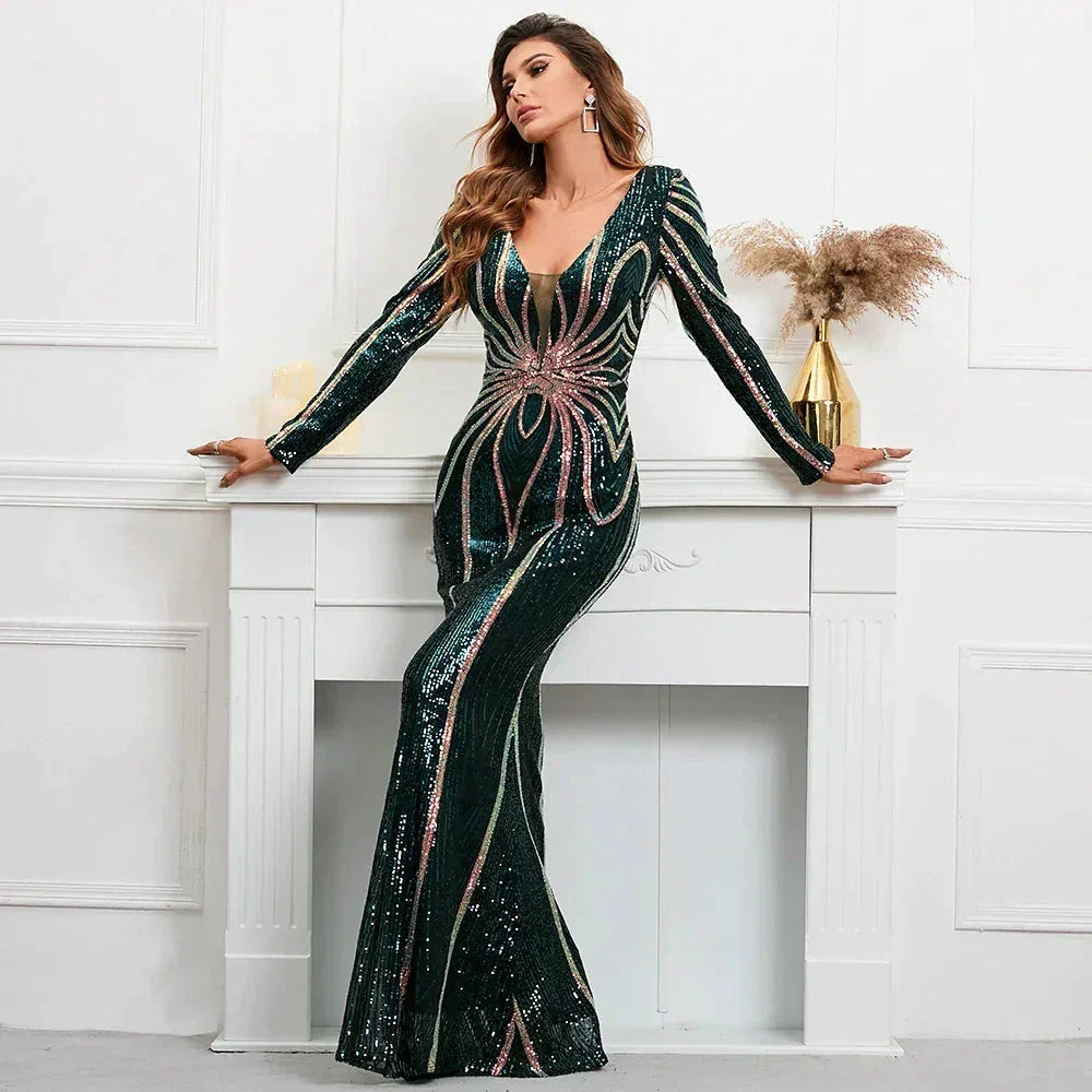 Stretch Green Sequin Maxi Dress Full Sleeve V Neck Mermaid Evening Night Long Party Dress