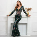 Stretch Green Sequin Maxi Dress Full Sleeve V Neck Mermaid Evening Night Long Party Dress