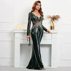Stretch Green Sequin Maxi Dress Full Sleeve V Neck Mermaid Evening Night Long Party Dress