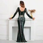Stretch Green Sequin Maxi Dress Full Sleeve V Neck Mermaid Evening Night Long Party Dress