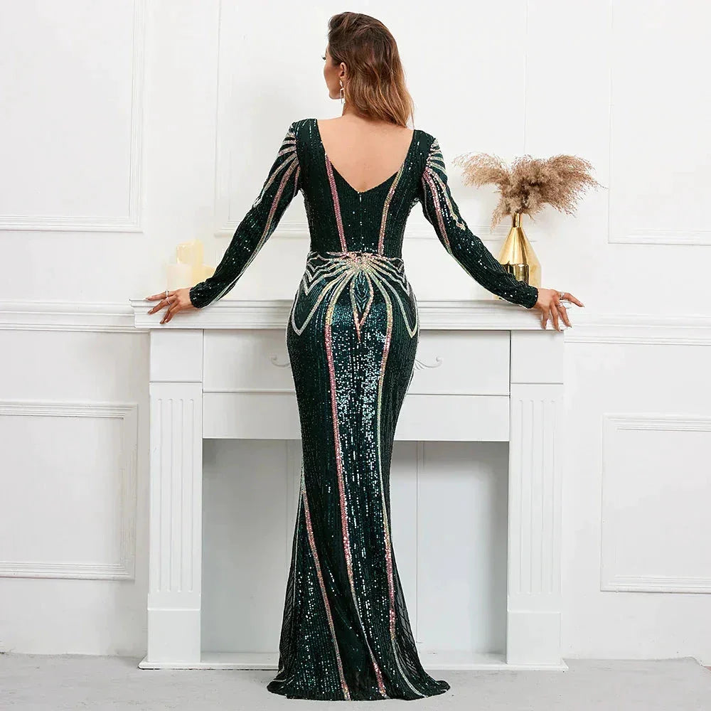 Stretch Green Sequin Maxi Dress Full Sleeve V Neck Mermaid Evening Night Long Party Dress
