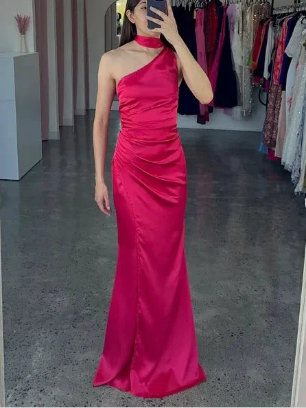 Elegant One Shoulder Hot Pink Satin Sheath Prom Dress Long Evening Dress Y8419