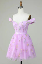Cute A Line Sweetheart Purple Short Homecoming Dress with Embroidery