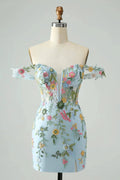 Blue Flower Mermaid Off The Shoulder Corset Short Homecoming Dress with Embroidery