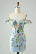 Blue Flower Mermaid Off The Shoulder Corset Short Homecoming Dress with Embroidery