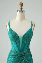 Classy Dark Green Bodycon Spaghetti Straps Corset Sequin Short Homecoming Dress
