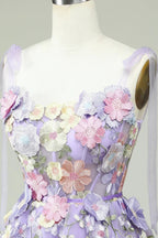 Blue A Line Spaghetti Straps Corset Homecoming Dress with 3D Flowers