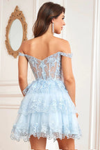 A Line Off the Shoulder Purple Corset Short Homecoming Dress with Lace