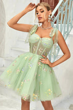 Cute Grey Blue A Line Spaghetti Straps Short Homecoming Dress with Appliques