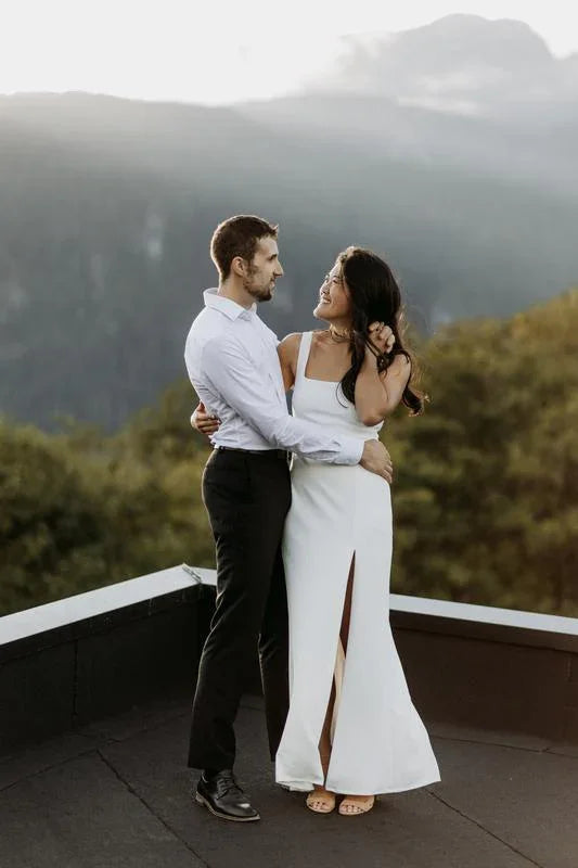 Simple Square-Neck White Satin Side Slit Long Evening Dress Formal Prom Dress Y8455