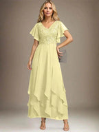 A-line V-Neck Ankle-Length Lace Chiffon Mother of the Bride Dress With Cascading Ruffles