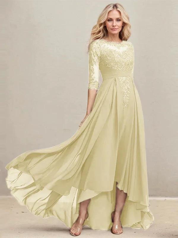 A-line Scoop Illusion Asymmetrical Lace Chiffon Mother of the Bride Dress With Pleated Sequins