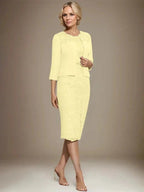 Sheath/Column Scoop Knee-Length Chiffon Lace Mother of the Bride Dress With Beading
