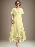 A-line V-Neck Asymmetrical Lace Chiffon Mother of the Bride Dress With Pleated