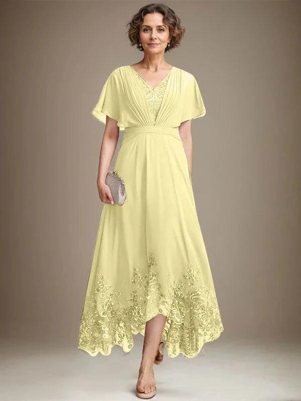 A-line V-Neck Asymmetrical Lace Chiffon Mother of the Bride Dress With Pleated