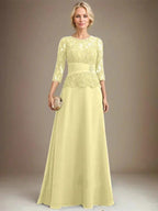 A-line Scoop Illusion Floor-Length Chiffon Lace Mother of the Bride Dress With Pleated Sequins Beading