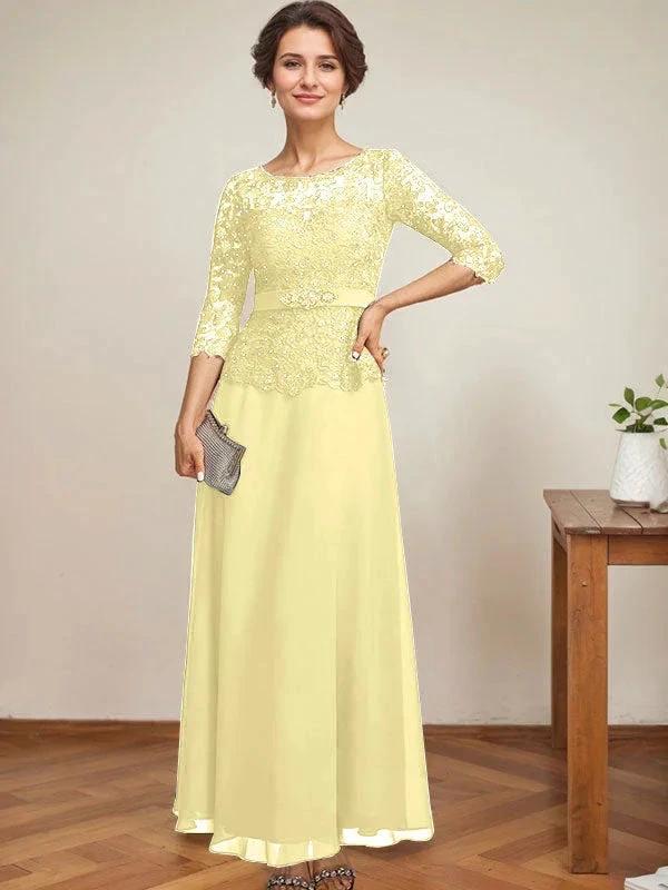 A-line Scoop Illusion Ankle-Length Chiffon Lace Mother of the Bride Dress With Rhinestone Beading