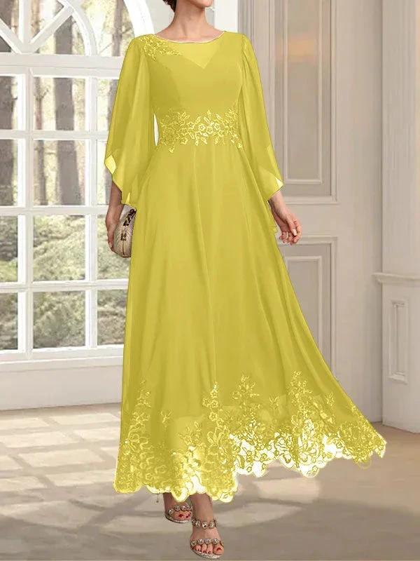 A-line Scoop Illusion Ankle-Length Lace Chiffon Mother of the Bride Dress With Sequins