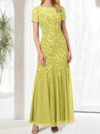 Blue Mermaid Round Neck Long Mother of the Bride Dress With Beadings
