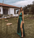 Sexy A Line Deep V Neck Floor Length Evening Dress Green Bridesmaid Dress Y4590