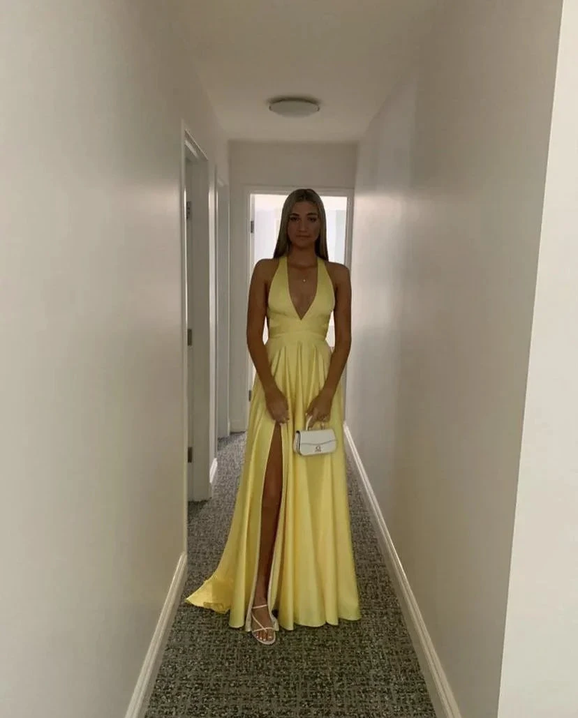 Modest Yellow Satin Long Evening Dresses with Side Slit Formal Party Dress Y5217
