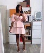 Pink Satin Short Homecoming Dress With Puffy Sleeves Y2183