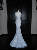 Dream Blue Tulle Beaded Chain V Neck Long Mermaid Prom Dress Evening Dress Y8665