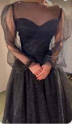 Black Shiny Prom Dress Tulle Sleeves Evening Dress Y35