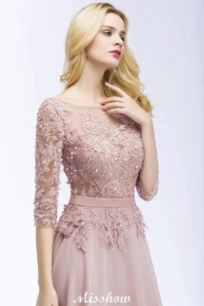 A-line Chiffon Appliques Bridesmaid Dresses Jewel Half-Sleeves Floor-Length Evening Gown with Sash