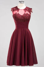 A-line Chiffon Appliques Jewel Sleeveless Knee-Length Bridesmaid Dresses with Ruffles