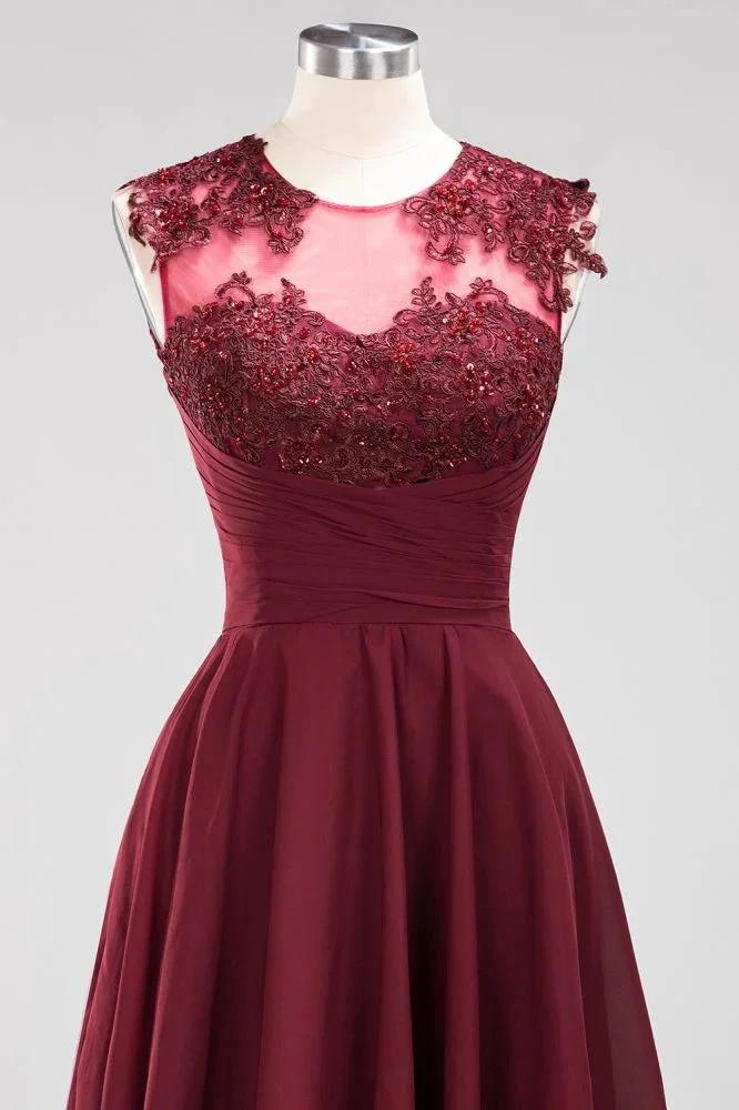 A-line Chiffon Appliques Jewel Sleeveless Knee-Length Bridesmaid Dresses with Ruffles