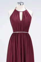A-line Chiffon Halter Sleeveless Floor-Length Bridesmaid Dress with Beading Sash