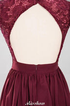 A-line Chiffon Lace V-Neck Sleeveless Floor-Length Bridesmaid Dresses with Ruffles