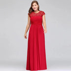 A-Line Crew Floor length Plus size Cap sleeves Lace Chiffon Evening Dresses with Appliques