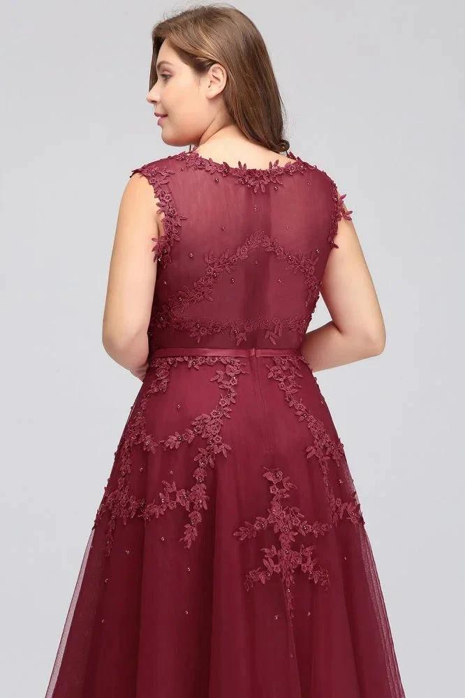 A-Line Crew Floor Length Sleeveless Plus size Tulle Appliqued Evening Dresses with Crystals