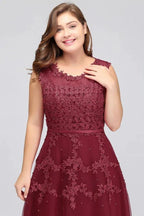 A-Line Crew Floor Length Sleeveless Plus size Tulle Appliqued Evening Dresses with Crystals