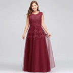 A-Line Crew Floor Length Sleeveless Plus size Tulle Appliqued Evening Dresses with Crystals