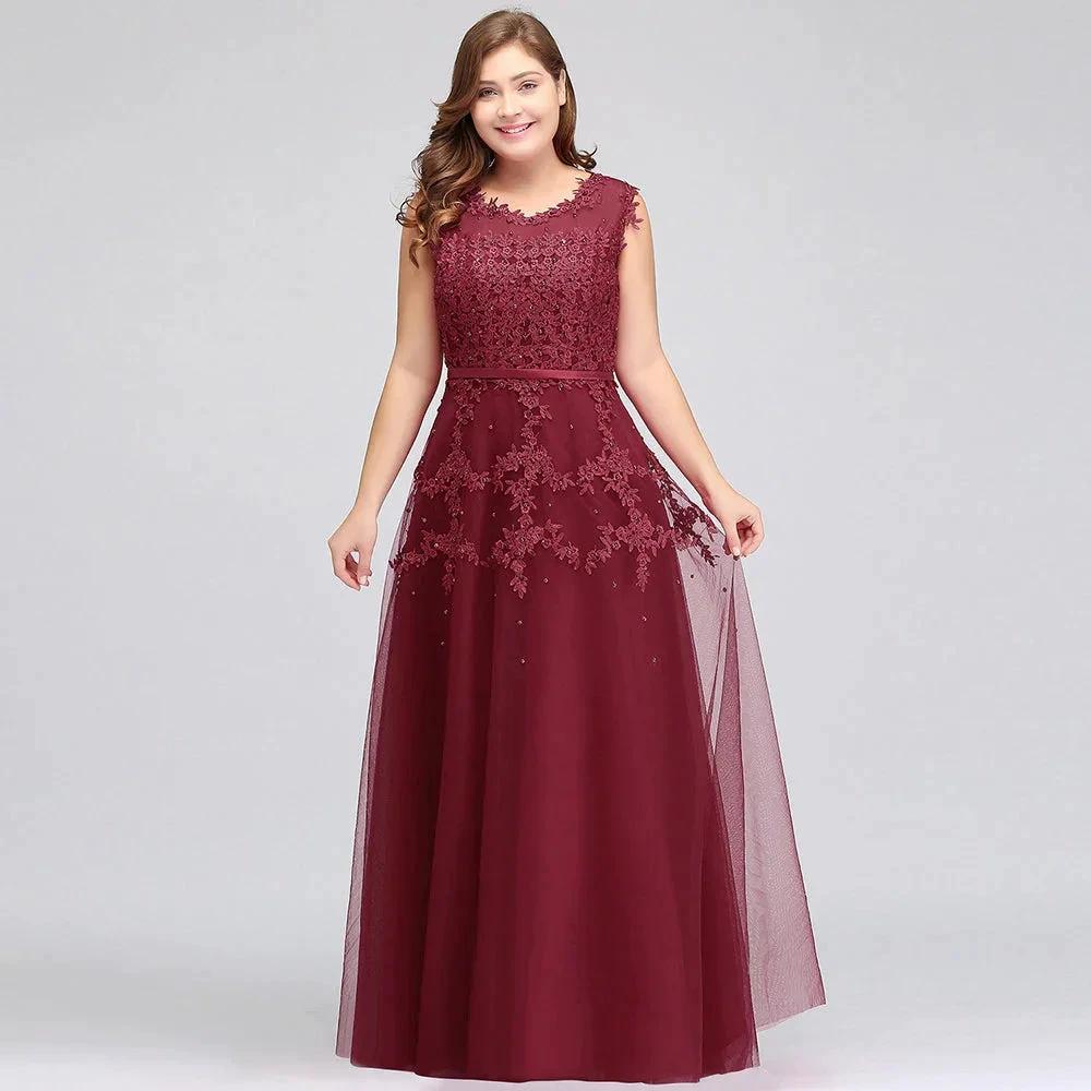 A-Line Crew Floor Length Sleeveless Plus size Tulle Appliqued Evening Dresses with Crystals