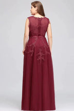A-Line Crew Floor Length Sleeveless Plus size Tulle Appliqued Evening Dresses with Crystals