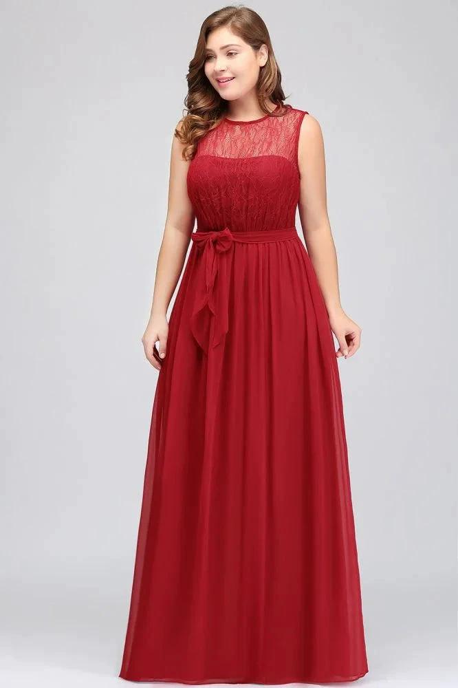 A-Line Crew Long Sleeveless Plus size Chiffon Evening Dresses with Ruffles Bow