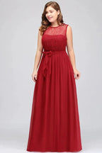 A-Line Crew Long Sleeveless Plus size Chiffon Evening Dresses with Ruffles Bow