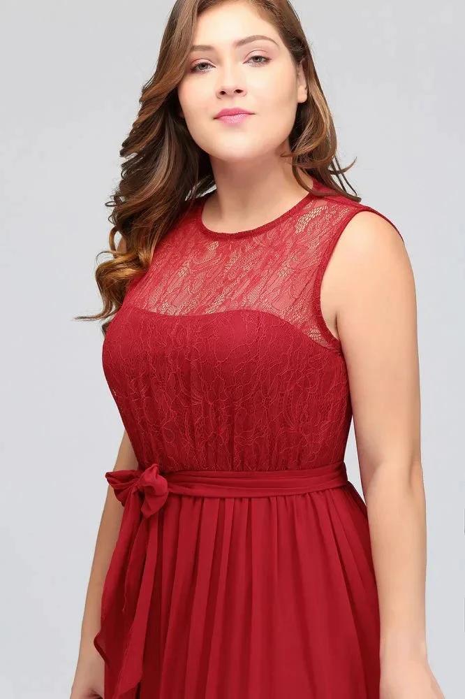 A-Line Crew Long Sleeveless Plus size Chiffon Evening Dresses with Ruffles Bow