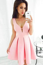 A-line Deep V-neck Wide Straps Satin Short Prom Dresses