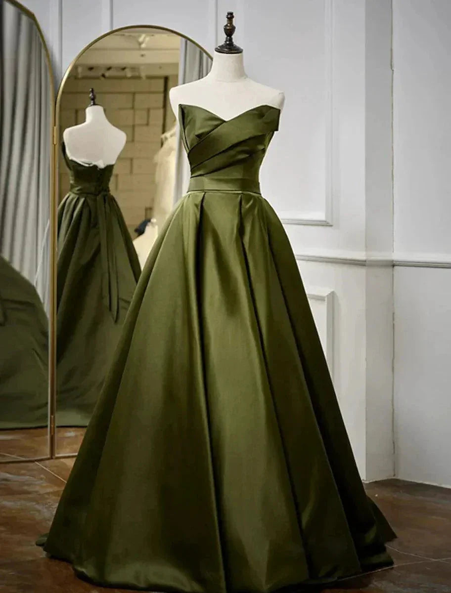 Sunnderly A-Line Evening Gown Open Back Dress Formal Wedding Guest Floor Length Sleeveless Strapless Satin with Pleats Strappy