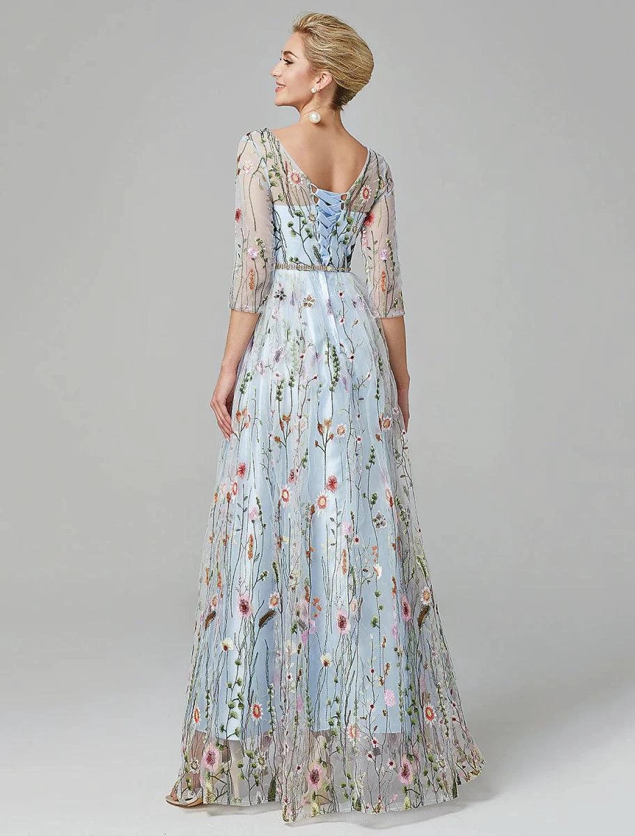 Sunnderly A-Line Evening Gown Party Dress Floral Dress Holiday Wedding Guest Floor Length 3/4 Length Sleeve Illusion Neck Lace with Embroidery