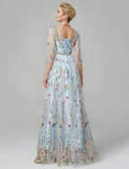 Sunnderly A-Line Evening Gown Party Dress Floral Dress Holiday Wedding Guest Floor Length 3/4 Length Sleeve Illusion Neck Lace with Embroidery