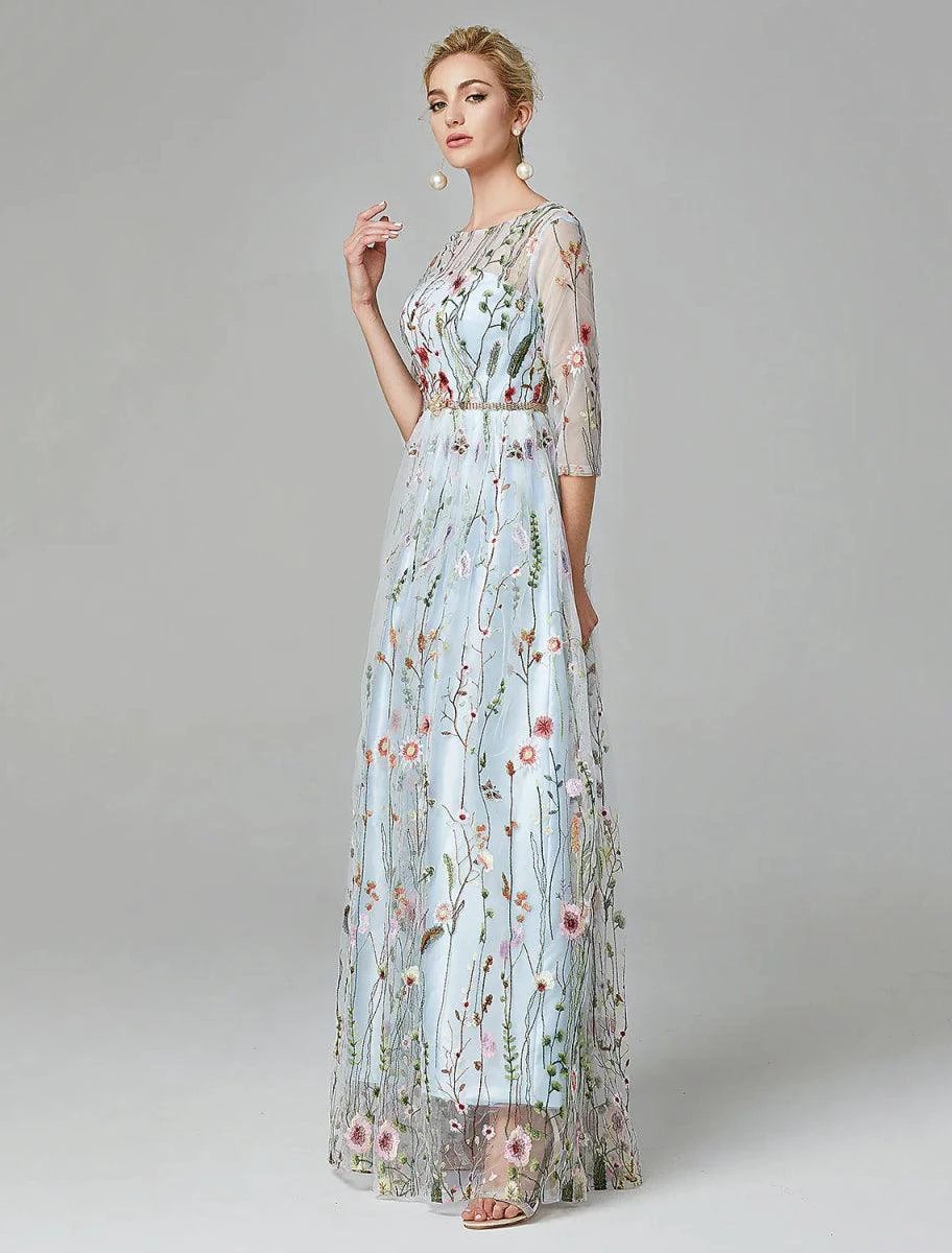 Sunnderly A-Line Evening Gown Party Dress Floral Dress Holiday Wedding Guest Floor Length 3/4 Length Sleeve Illusion Neck Lace with Embroidery